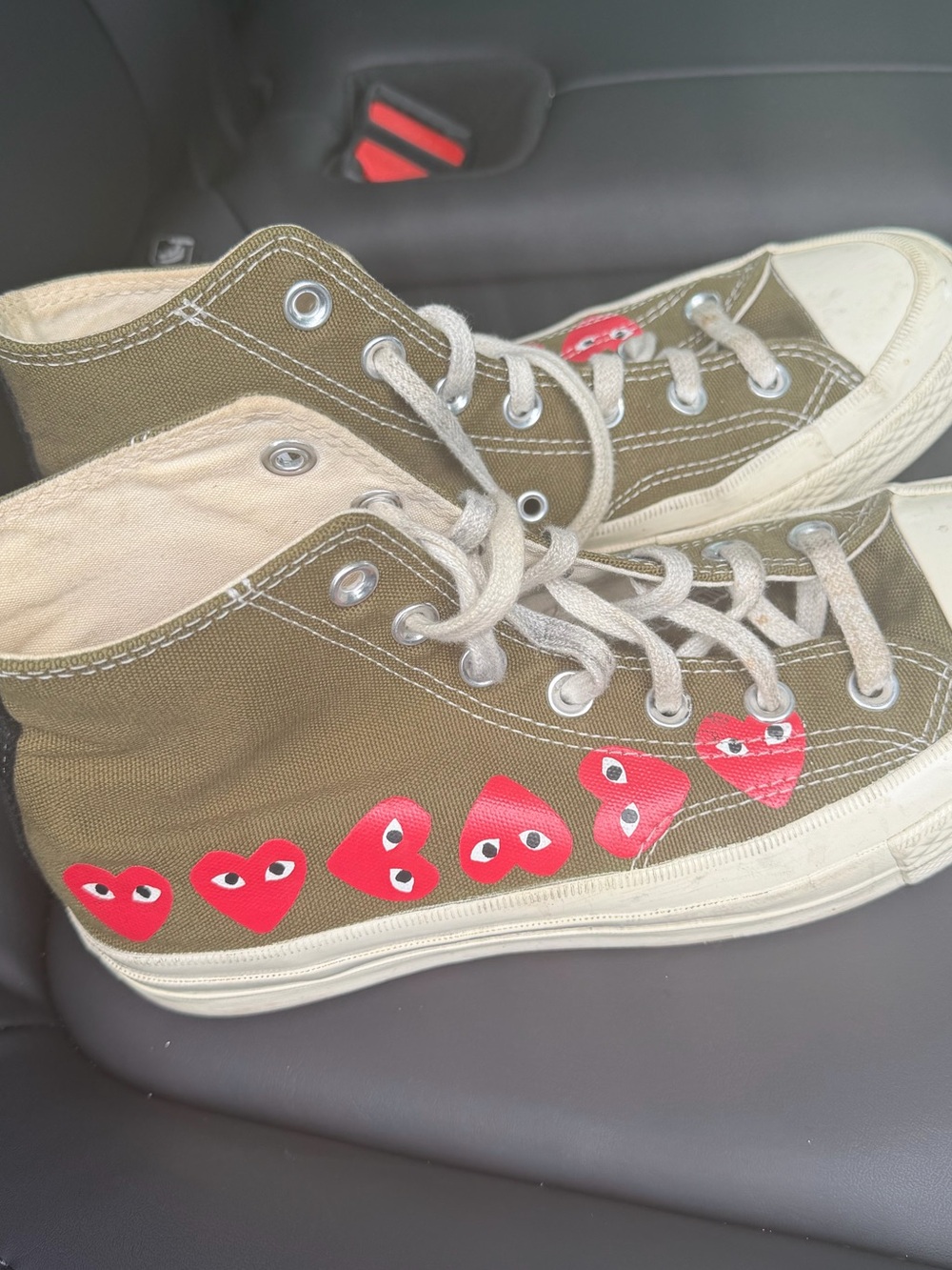 New Comme des garçons sneakers!! Olive High-Top Sneakers with Red Heart Detail